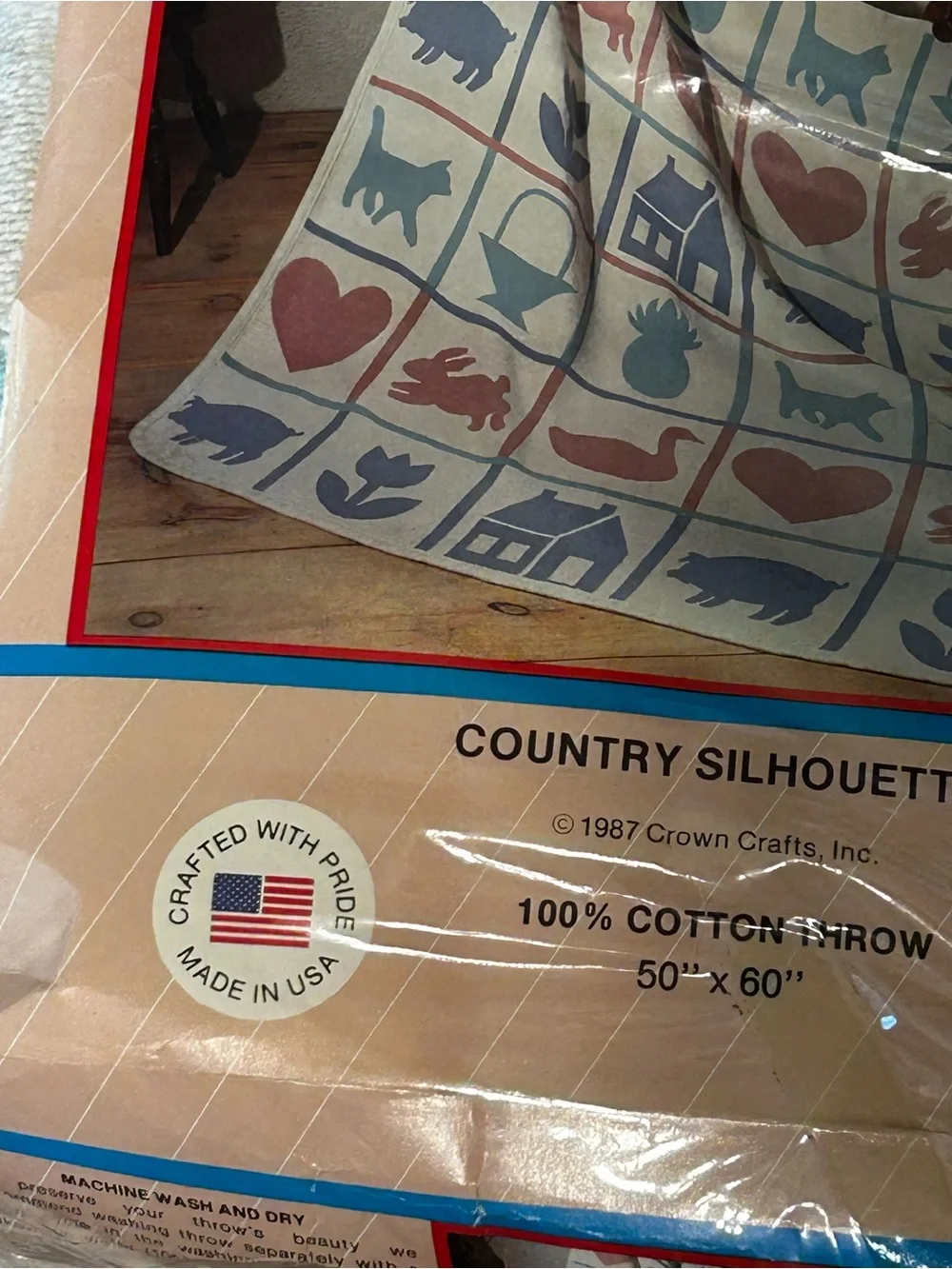 Vintage Crown Crafts Country Silhouettes Throw Blanket Geese Cats Cottage Cotton